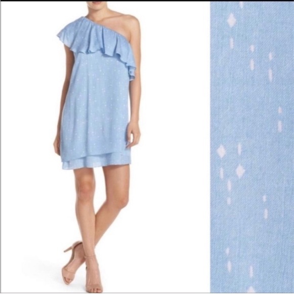 Charles Henry Dresses & Skirts - Charles Henry Shift Mini Dress One Shoulder Ruffle Pastel Blue Dot Medium Summer